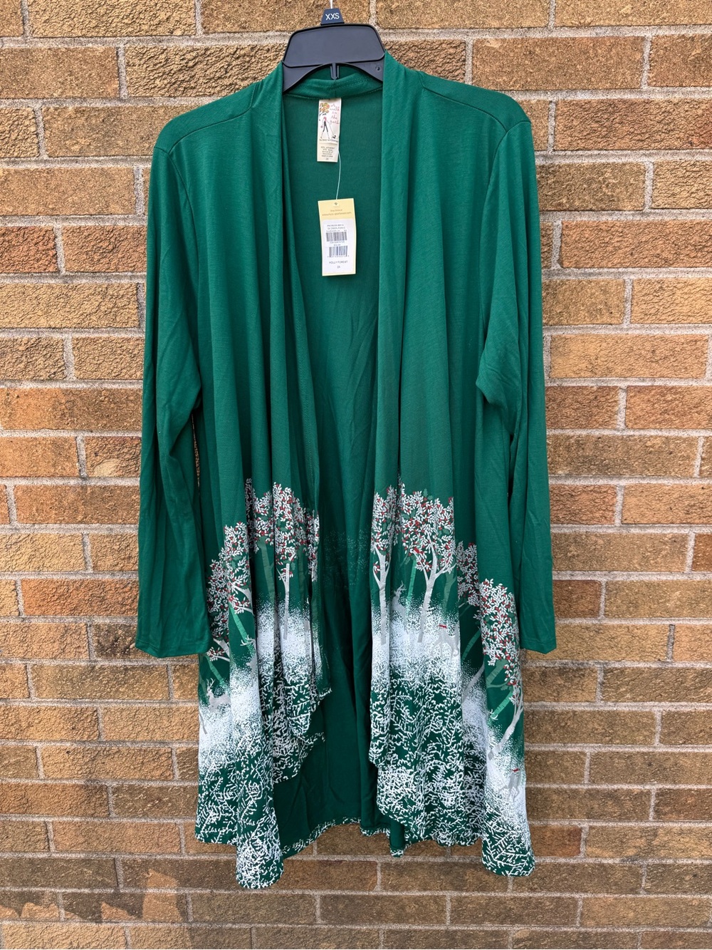 Forest Green Open-Front Duster Cardigan with Tree Print